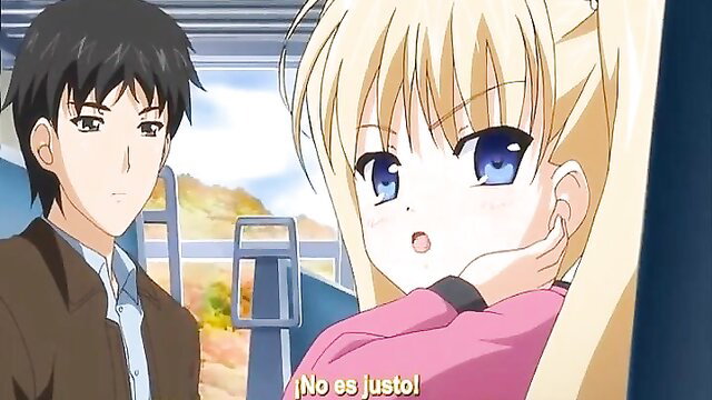 Dylann Vox blonde hentai girl with blue eyes in pink dress on train