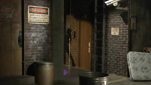 London Keyes and Asa Akira in dark industrial Danger sign warehouse scene
