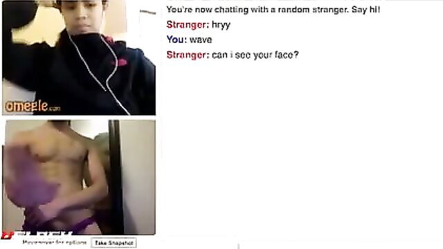 Shirtless Asian guy flashing dick on Omegle cam, bruised torso