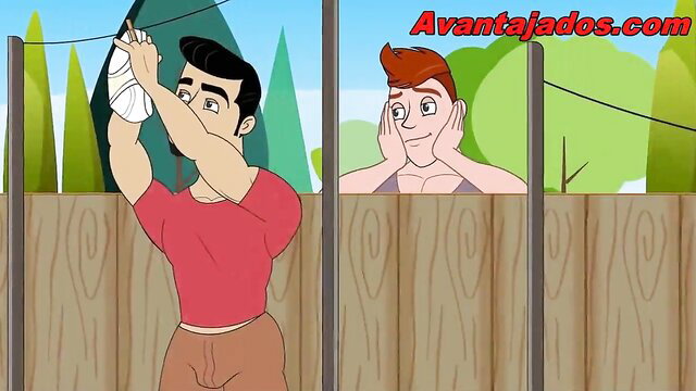 Cartoon buff neighbor hangs laundry in tight clothes peeking fantasy