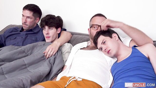 Joel Someone, Eddie Patrick, Dakota Lovell & Max Mabry twink orgy on couch