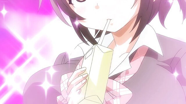 Cute anime girl with short black hair sips milk from carton in hentai scene
