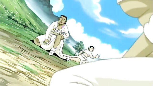Anime hentai couple in white hanboks on grassy hill, monster game scene