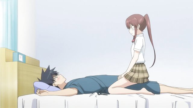 Anime hentai schoolgirl straddling guy on bed in Ep. 9 monster game