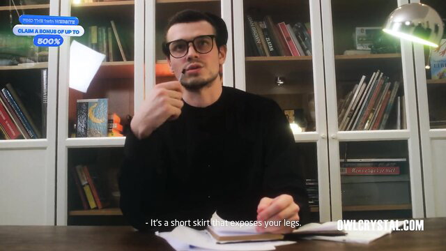 Hot guy in glasses talks dirty on webcam show, short skirt legs tease