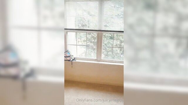 Blurry indoor window view with blue globe on table, hot interracial tease