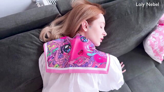 Amateur Asian redhead girlfriend sleeping on couch in colorful scarf shirt