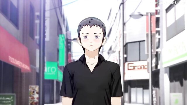 Anime guy in black shirt stands in urban alley street scene