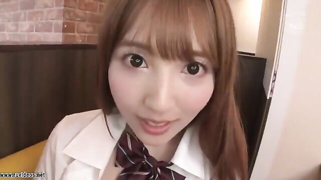 Yua Mikami in schoolgirl uniform POV seduction, smiling cutely