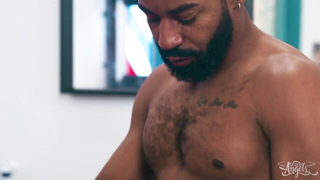 Shadow's muscular black chest closeup in Kyra Bullet hardcore anal video