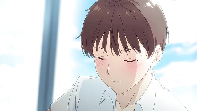 Blushing anime schoolboy in uniform from Immoral Routine hentai Ep.1