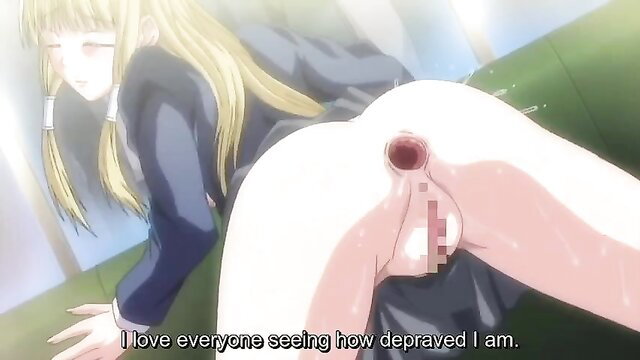 Blonde JAV schoolgirl bent over, skirt up, anal gaping in public molester train