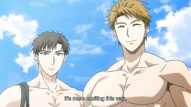Buff anime hunks flex shirtless beachside, Osananajimi wa Shouboushi hentai tease