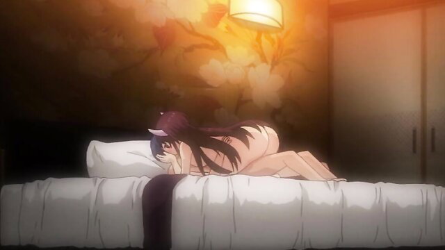 Nude black-haired succubus with cat ears lies nude on bed in erotic hentai