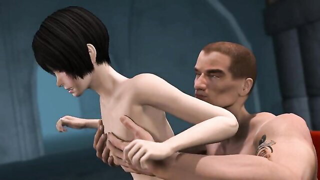 3D hentai babe with short black hair groped by muscular man