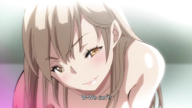 Blushing anime girl with long brown hair says 'W-We can't!' in seductive hentai scene