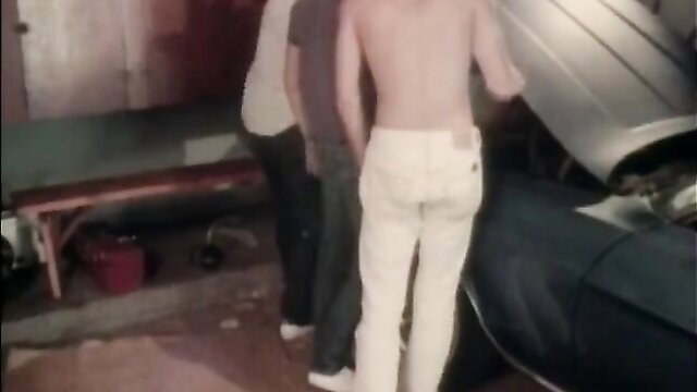 Vintage preppy Summer with muscular shirtless hunk in tight white jeans by car