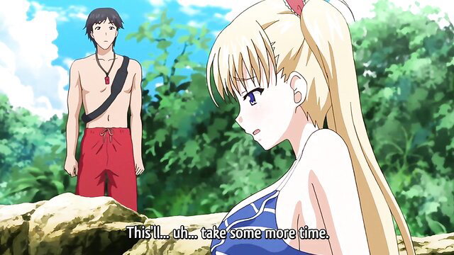 Blonde anime babe in skimpy swimsuit teases busty tits with dark-haired guy at beach
