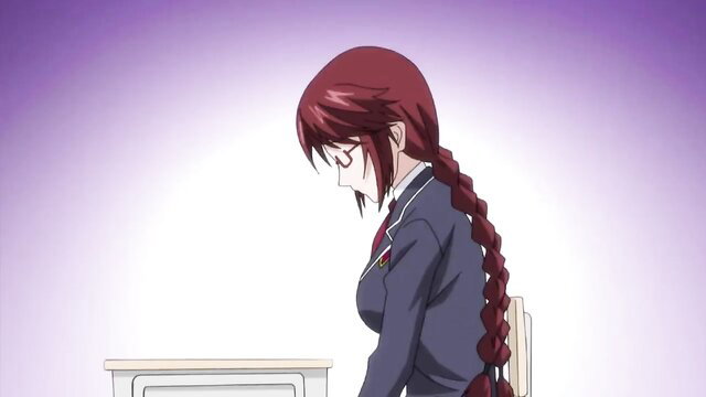 Nerdy redhead college girl in uniform sits at desk, huge tits