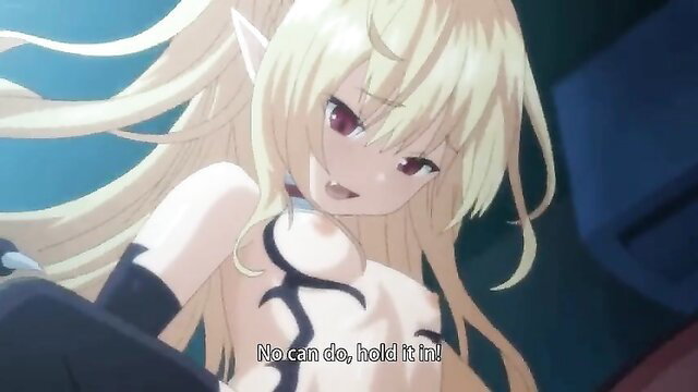 Blonde elf girl with red eyes in skimpy black outfit, ecstatic expression