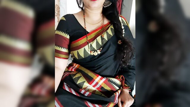 Sexy Teacher 69 in black gold saree, curvy Indian MILF flashing assets
