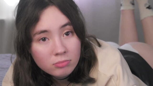 Britthe young shy Asian on bed in hoodie, panties down, ass up