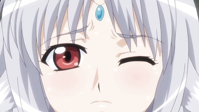 Cute silver-haired anime girl with red eyes winking closeup