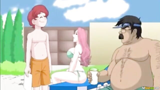 Pink-haired hentai babe in bikini with young redhead boy and fat man poolside
