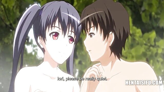 Nude anime girl with twintails whispers to naked guy in subtitled hentai