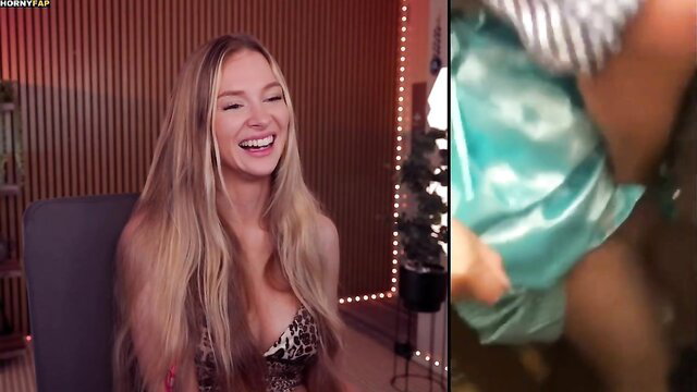 Blonde Bebahan smiling in leopard lingerie on OnlyFans leak