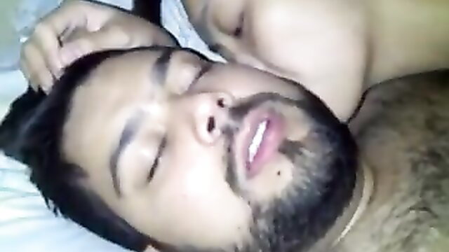Indian college chick Saloni cuddling bearded guy asleep in bed