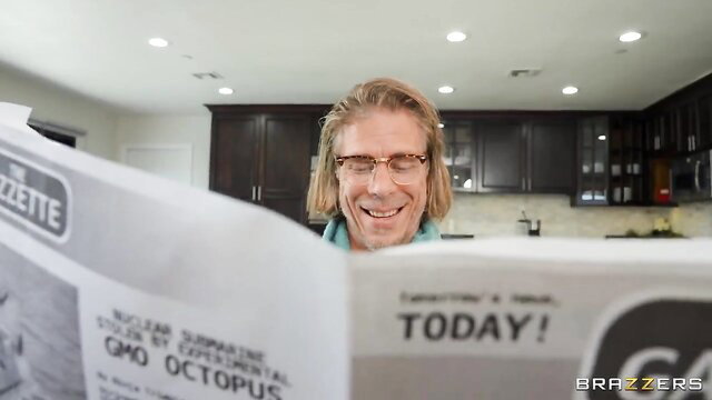 Natasha Nice reads GMO Octopus news in wild Brazzers kitchen scene