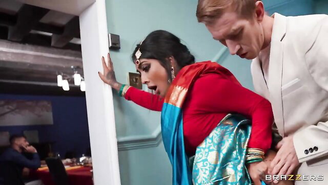 Yasmina Khan in saree grabs white guy's cock on stairs