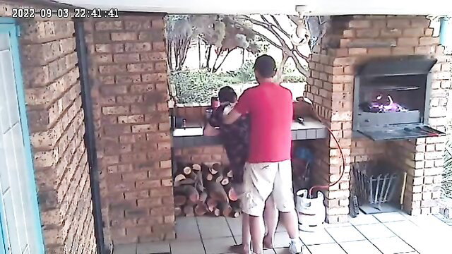 Amateur wife cheating caught on CCTV: man grills with woman from behind