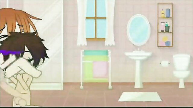 Anime cosplay girls peeking shyly in bathroom, bikini tease