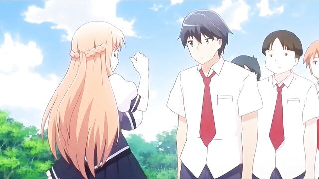 Anime schoolgirl in skirt fist-pumping boys outdoors under blue sky