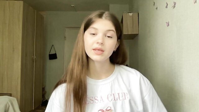 Venus in mirror's skinny teen body in tight white Tessa Club shirt