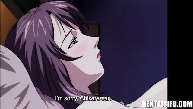 Purple-haired hentai woman with big eyes apologizes lying in bed, steamy stepmom scene