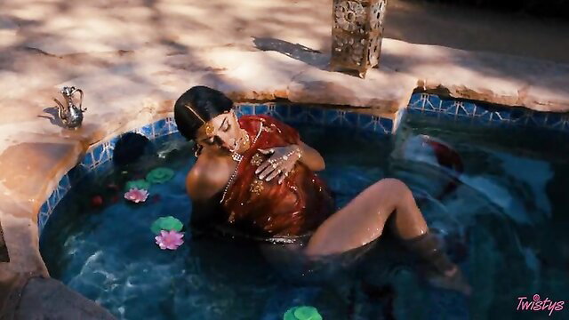 Jasmine Sherni in wet red saree, busty Indian beauty in pool