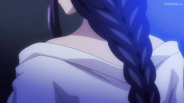 Anime girl with long purple braid in white robe, sexy back view hentai thumbnail