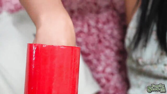 Anissa Kate's arm around red dildo, massive tits tease Chris Banger