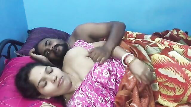 Desi Indian couple sleeping nude, thick titties exposed, intimate embrace