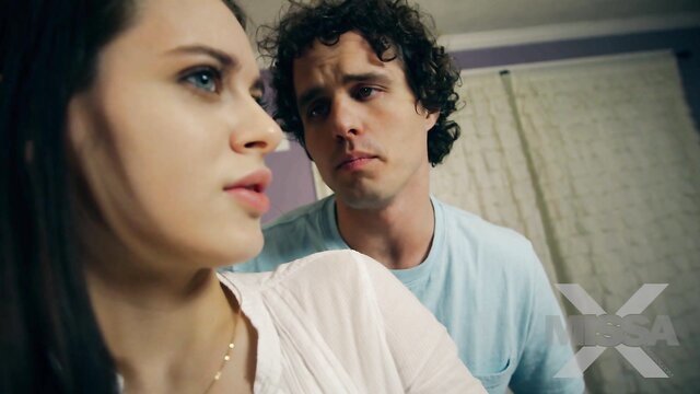 Lana Rhoades closeup with man, tense interview surprise