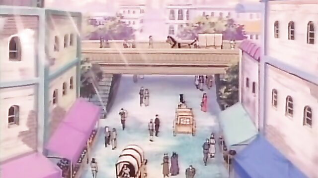 Vibrant anime hentai market street scene with bridge and crowd