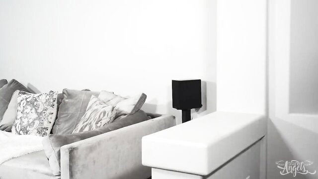 Mason Lear & Natassia Dreams black TS asses on gray couch