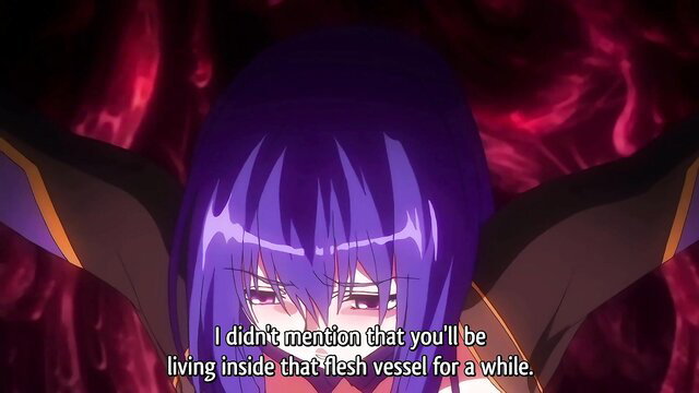 Purple-haired hentai girl with massive tits in demonic possession scene