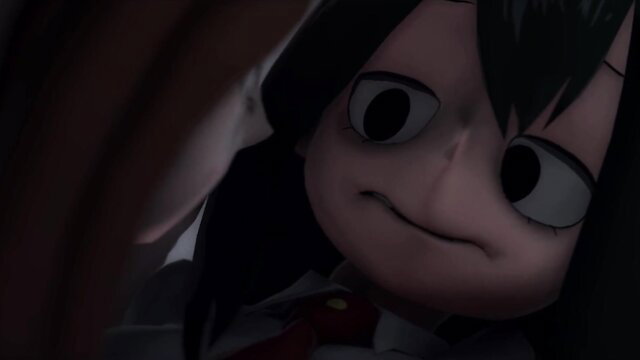 Tsuyu Asui smirks close-up in classroom uniform, My Hero Academia hentai tease