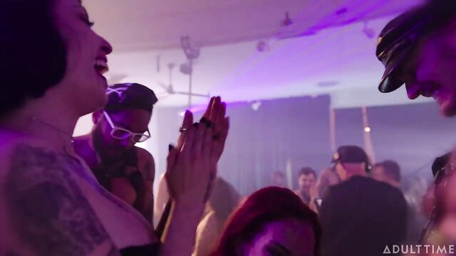 Sophia Locke and Casey Calvert laugh in steamy lesbian club tease