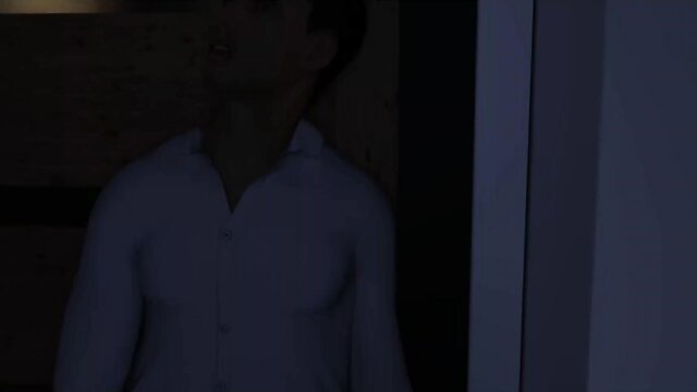 Dark silhouette of handsome Asian man in open shirt showing chest at door