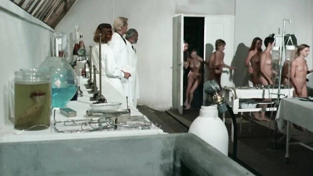 Naked women in lab medical exam with doctors group check-up
